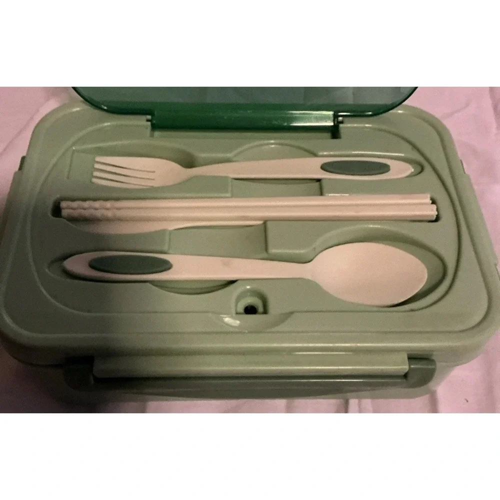 Lunch Box Avacado Green Plastic Utensils Chopsticks‎ Fork Knife Spoon Snap Sides
